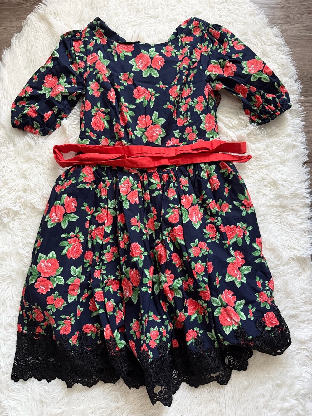 Floral Navy Dress with Red Roses and Belt